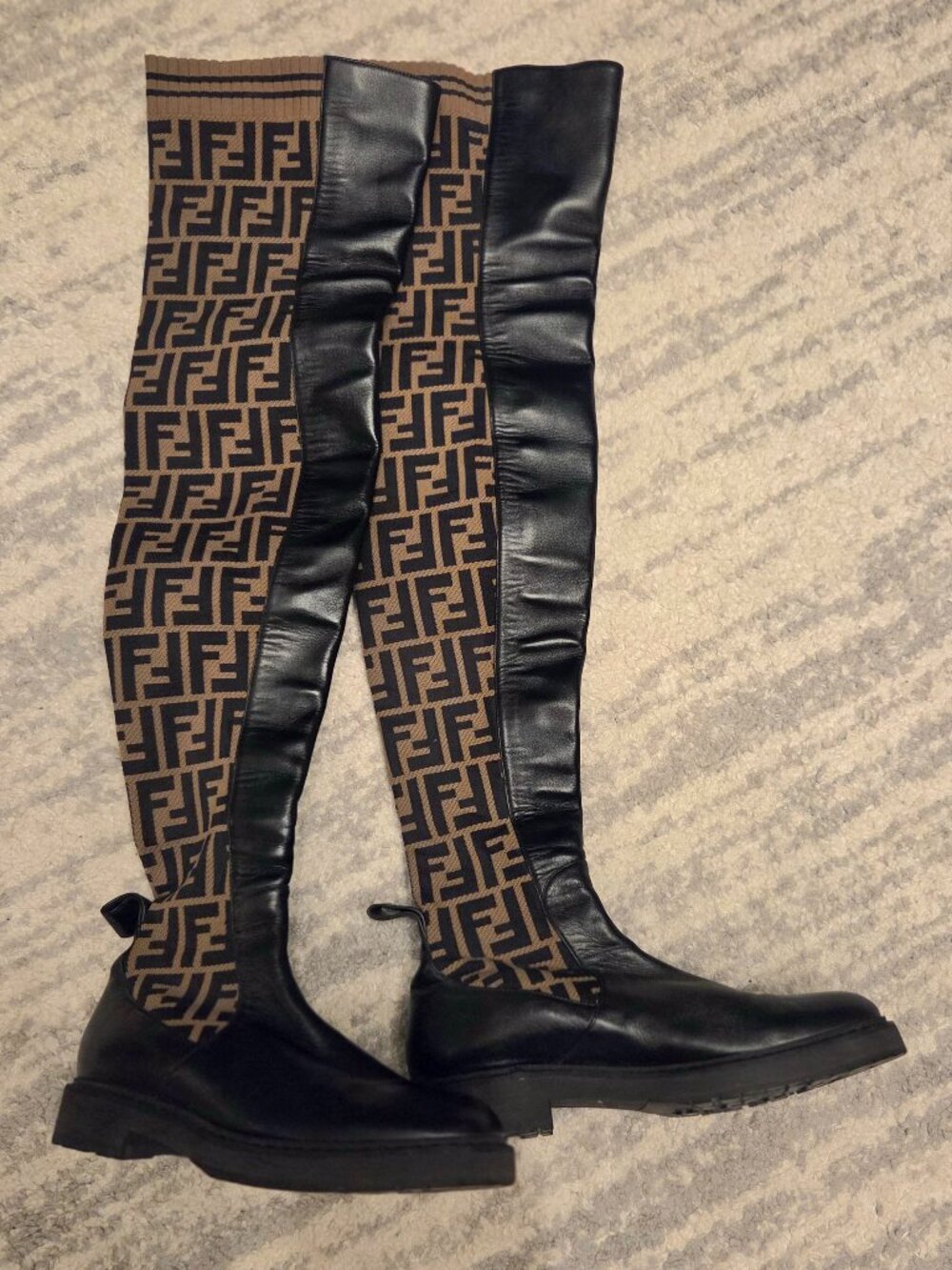 Fendi Brown Zucca Print Stretch Knit Thigh High Boots Size 35